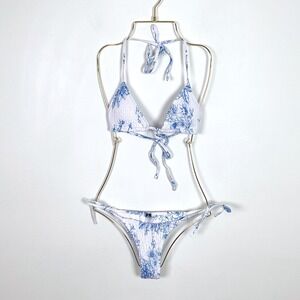Zaful Blue White Floral Toile Smocked Triangle String Bikini Set Small NEW